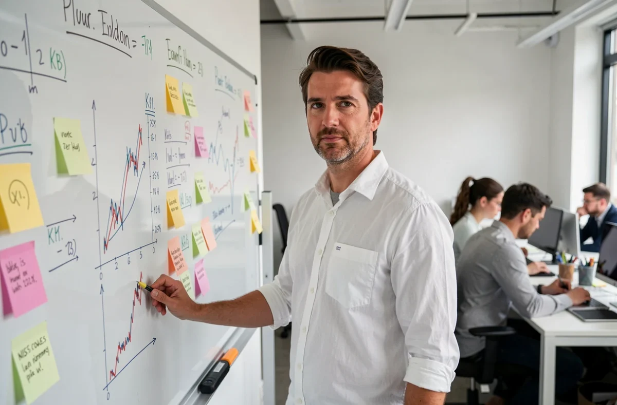 Entrepreneur en PME présentant des indicateurs économiques sur tableau blanc dans un espace de travail collaboratif