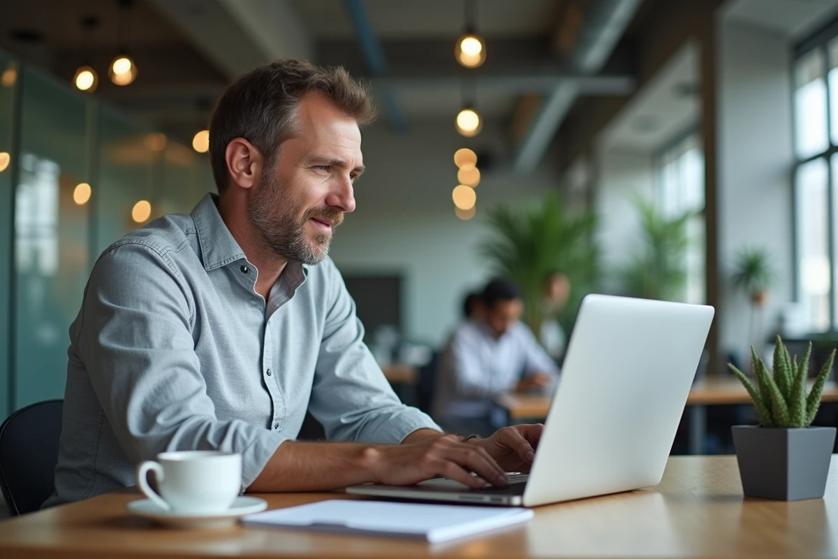 Entrepreneur consultant le portail officiel de l'INPI sur son ordinateur portable dans un espace de coworking