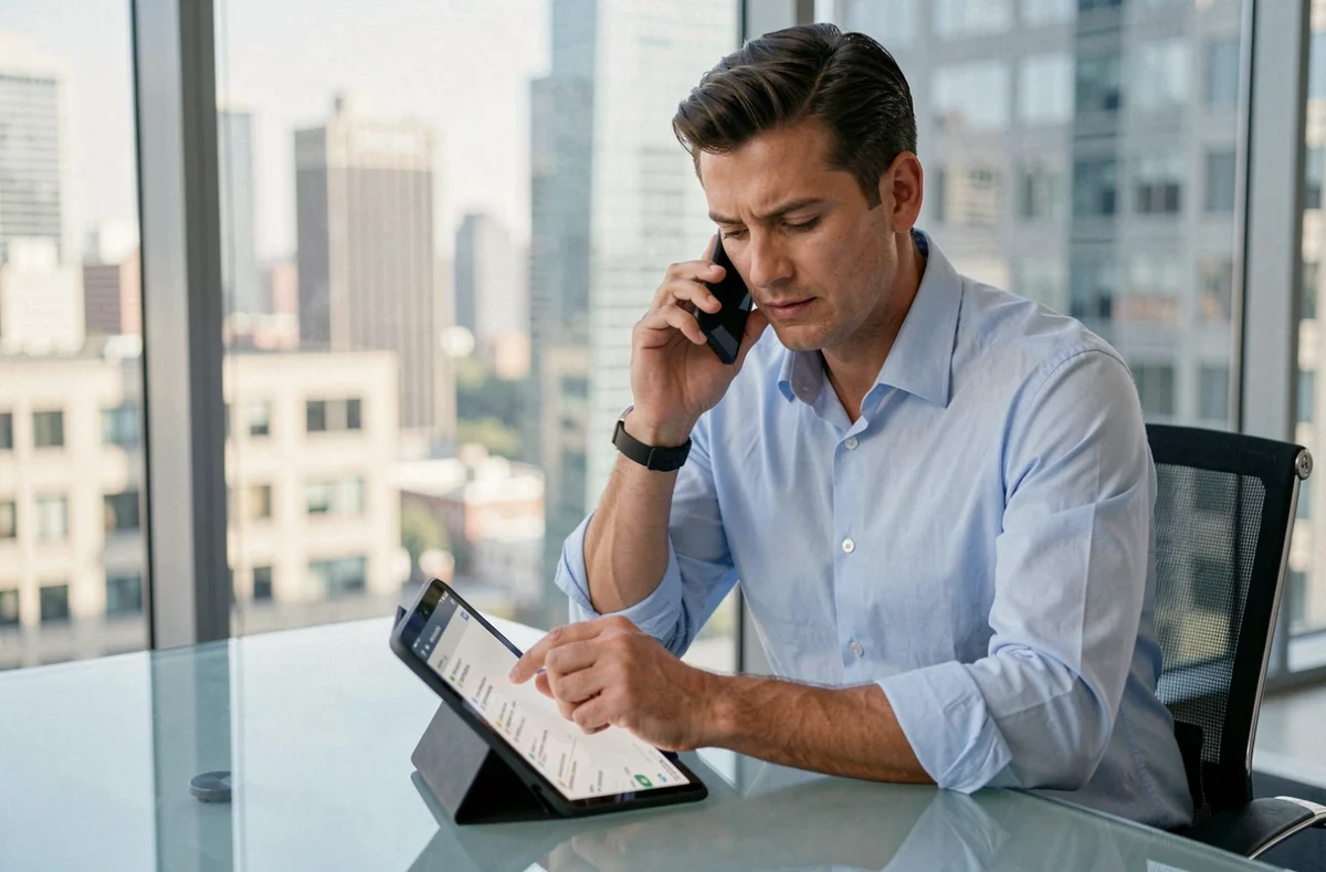 Entrepreneur gérant son réseau de contacts professionnels depuis son bureau en ville pour convertir ses relations en clients
