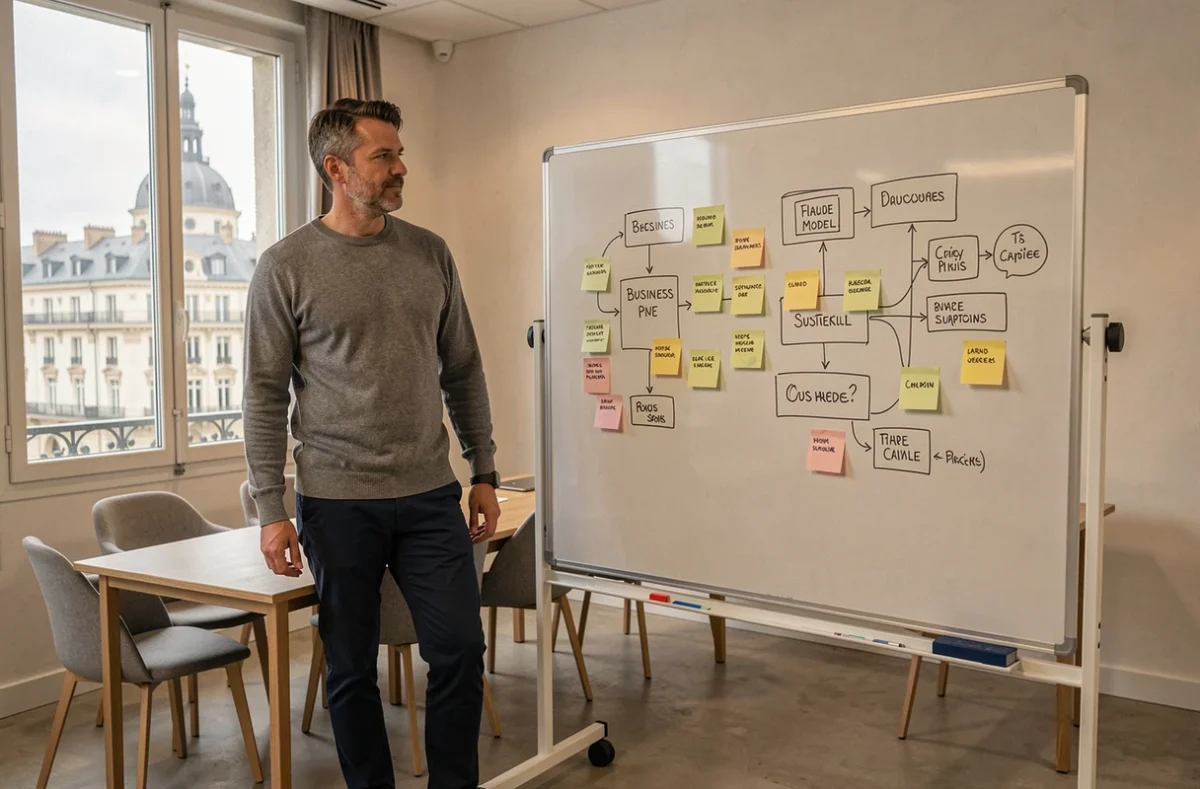 Entrepreneur masculin présentant un business plan sur tableau blanc dans une salle de réunion moderne à Toulouse
