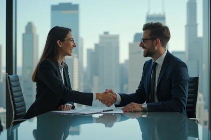 Deux professionnels d'affaires se serrant la main dans un bureau moderne