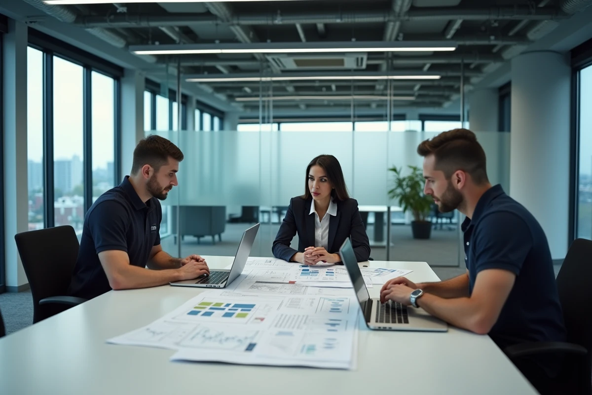 Équipe d'analystes en défense collaborant sur des documents de gestion stratégique dans une salle de réunion d'un siège de contractant de défense
