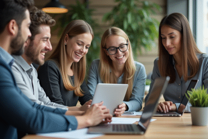 Groupe de collègues en réunion dans un bureau moderne