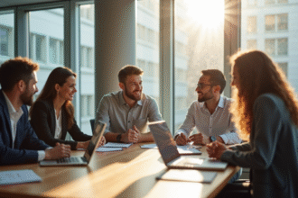 Groupe de professionnels collaborant dans un bureau lumineux