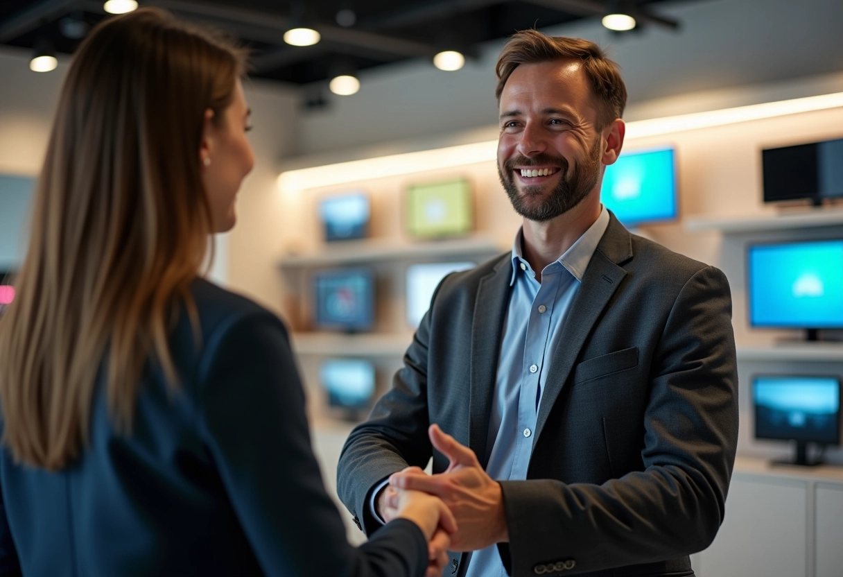 Vendeur serre la main d un client dans un magasin d electronique