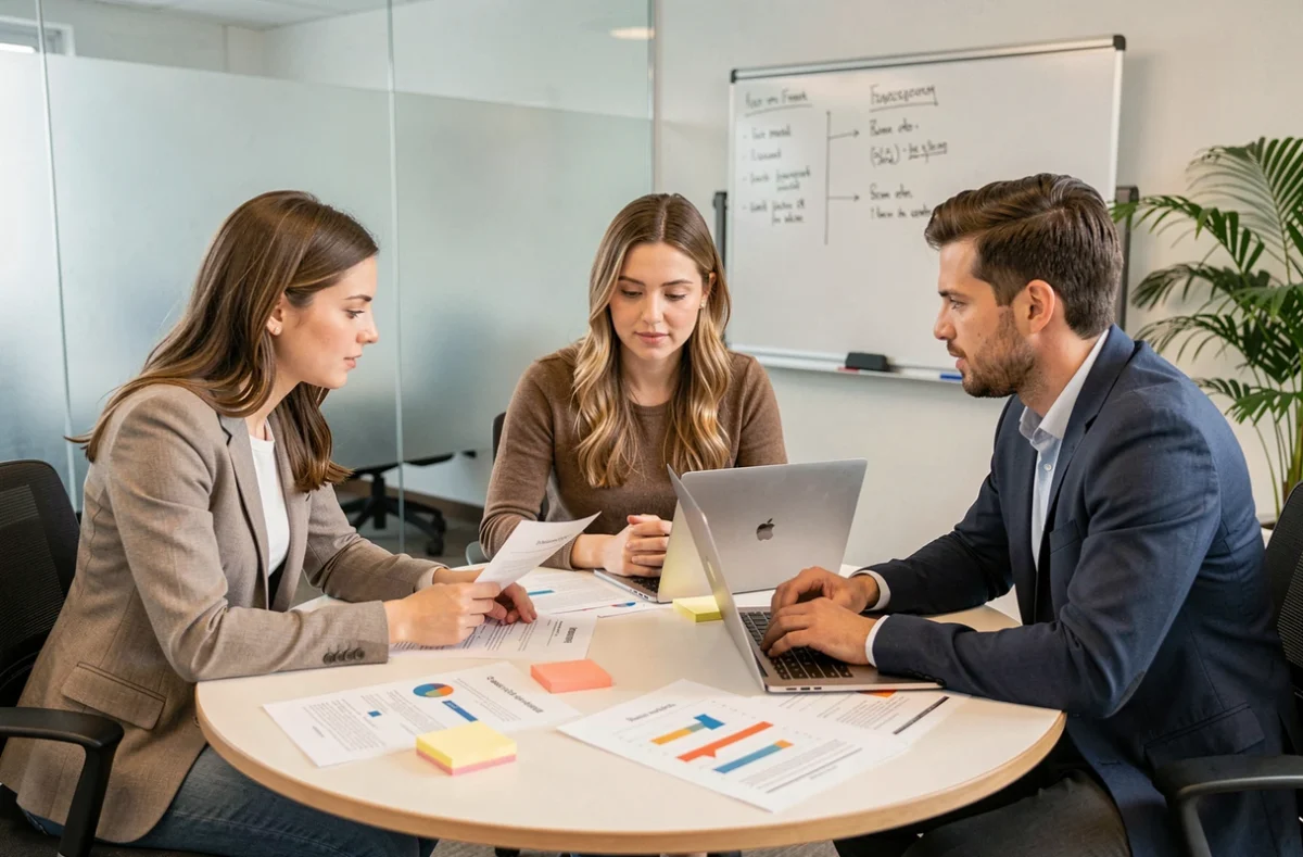 Équipe de professionnels en réunion comparant des solutions et alternatives logicielles autour d'une table de travail