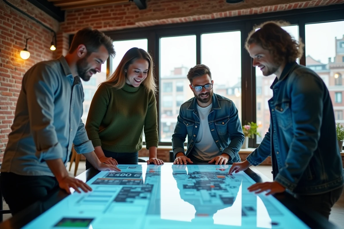 Une équipe multiculturelle analyse la stratégie d'internationalisation du site vitrine SaaS Roumane and Companies autour d'un écran tactile interactif