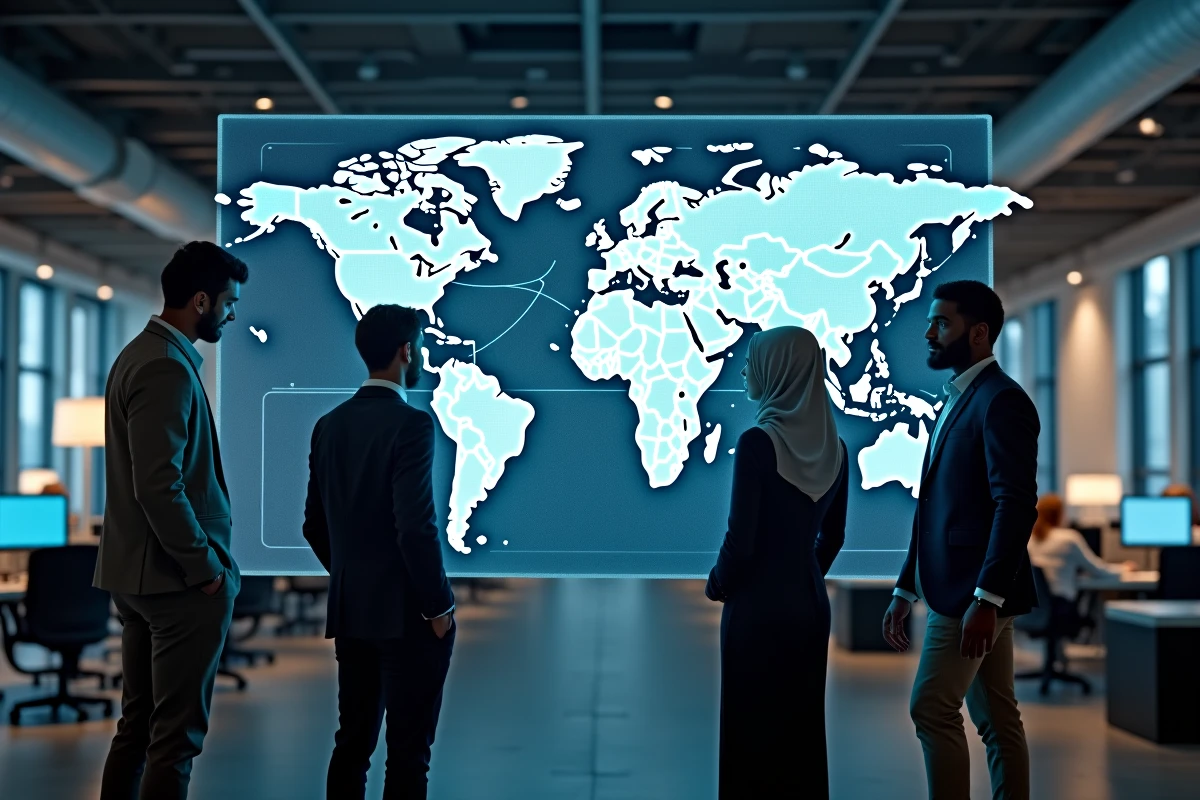 Équipe multiculturelle de professionnels analysant des routes commerciales sur une carte numérique interactive dans un centre d'opérations logistiques, représentant la diversité stratégique de la zone EMEA