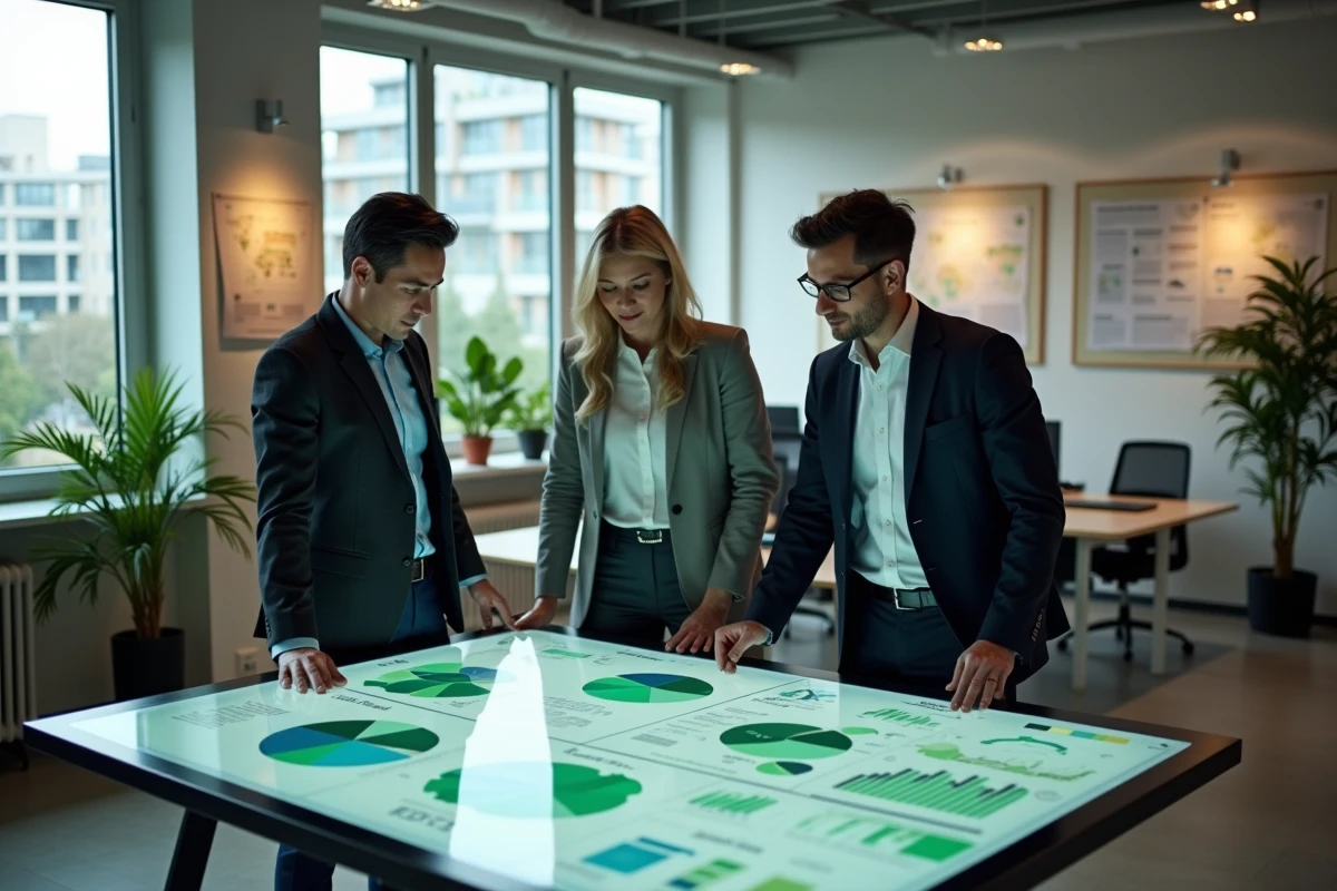 Équipe pluridisciplinaire d'un pôle éco-industrie collaborant autour d'une table tactile avec des données sur l'économie circulaire dans un bureau moderne