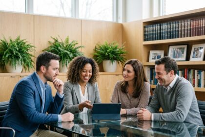 Groupe de quatre professionnels en réunion dans un bureau moderne