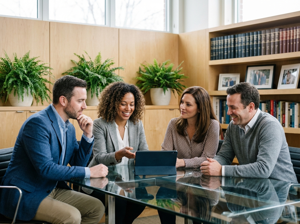 Groupe de quatre professionnels en réunion dans un bureau moderne
