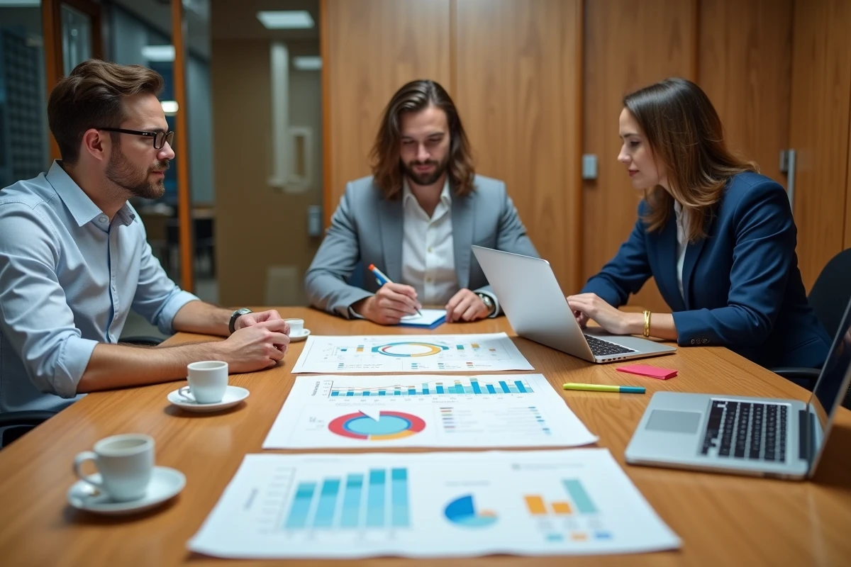 Équipe en réunion effectuant une analyse de marché avec une grille SWOT sur table