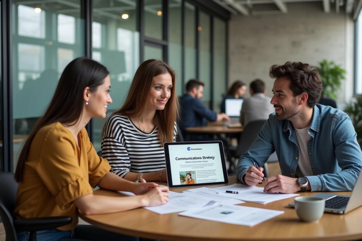 Équipe de trois professionnels en réunion autour d'articles de blog et d'outils de veille marketing dans un espace de co-working contemporain