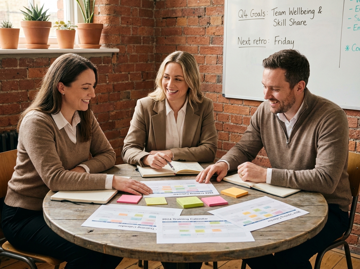 Équipe RH collaborant autour d'un planning de formation interne sur une table de réunion, ambiance sereine et organisée en entreprise