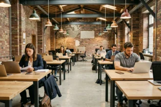 Espace de coworking moderne à Bagnolet avec des bureaux en bois et des murs en briques apparentes, professionnels au travail