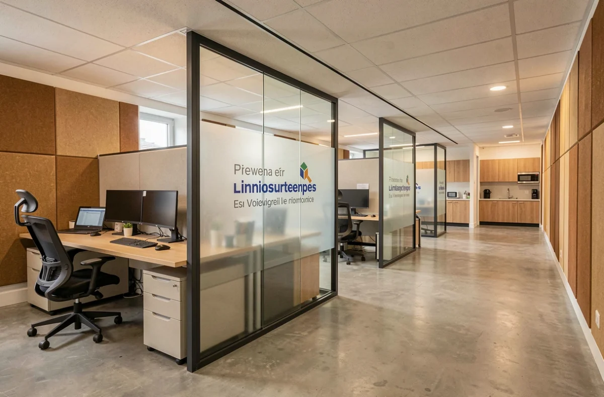 Vue intérieure d'un espace de coworking avec bureaux privatifs en verre disponibles à la location mensuelle