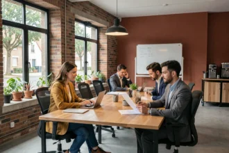 Espace de coworking moderne à La Chapelle-sur-Erdre avec des professionnels travaillant ensemble dans un cadre chaleureux et lumineux