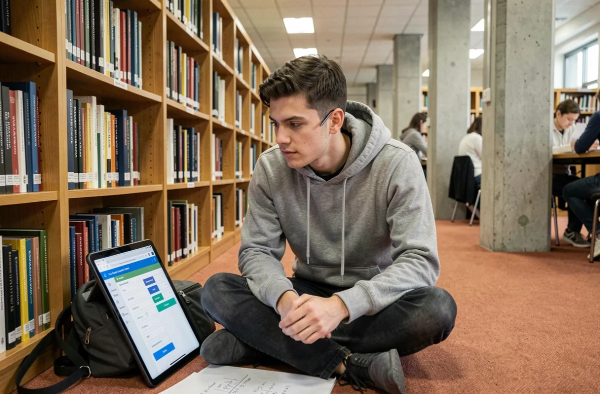 Étudiant assis par terre dans une bibliothèque universitaire consultant un outil de conversion en ligne sur sa tablette numérique