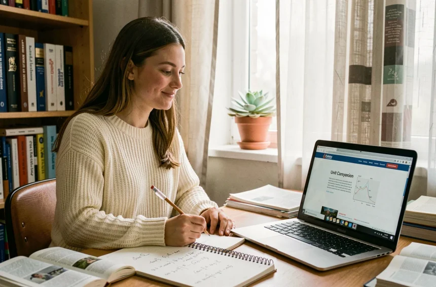Étudiante universitaire travaillant sur des exercices de conversion d'unités avec un ordinateur portable et des cahiers ouverts sur son bureau en bois