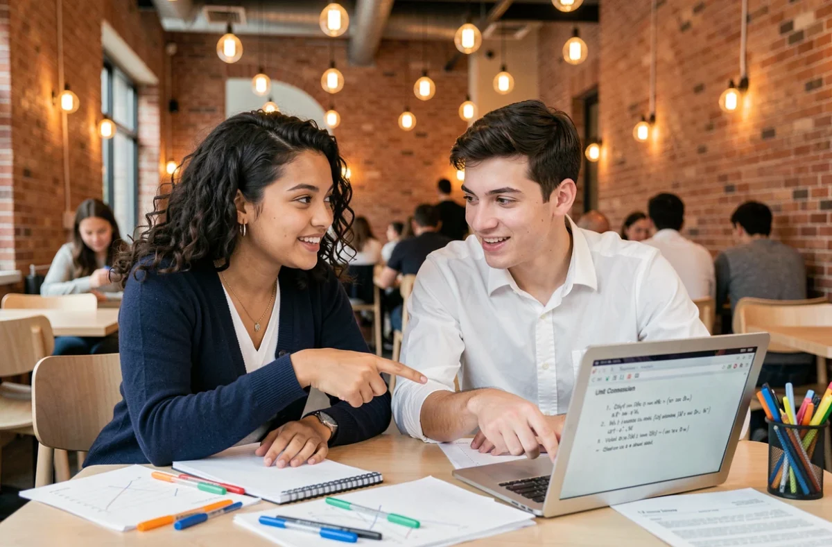 Deux étudiants travaillant ensemble sur des exercices de conversion mathématique avec un ordinateur portable dans un café universitaire