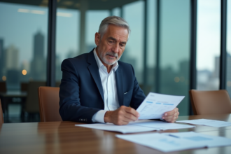 Homme executif en costume bleu dans une salle de réunion moderne
