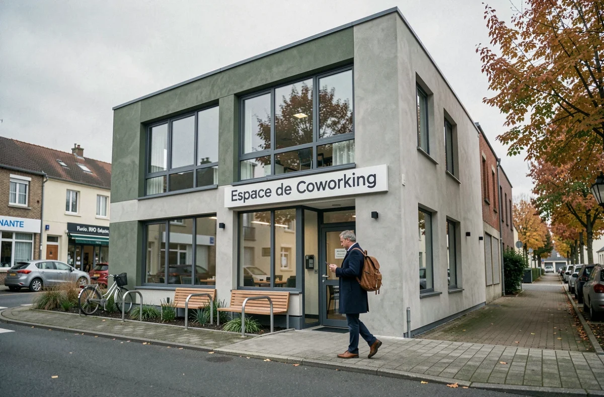 Façade extérieure d'un espace de coworking à La Chapelle-sur-Erdre avec un professionnel à l'entrée du bâtiment