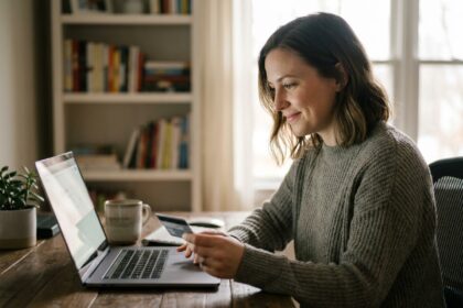 Femme souriante effectuant un achat en ligne avec paiement en plusieurs fois sur son ordinateur portable à domicile