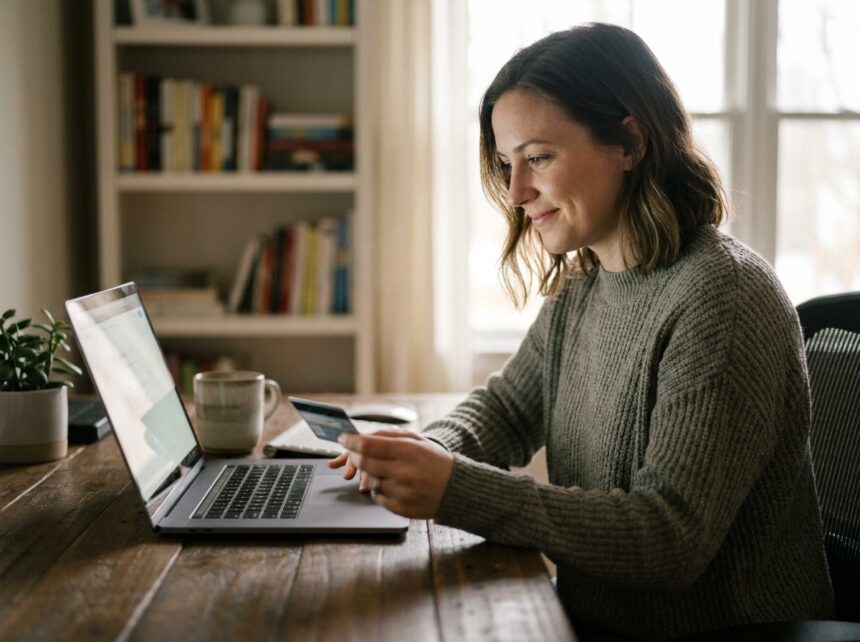 Femme souriante effectuant un achat en ligne avec paiement en plusieurs fois sur son ordinateur portable à domicile