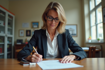 Femme française en blazer examinant un document officiel
