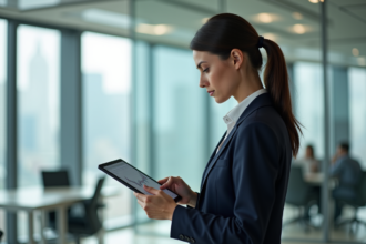 Jeune femme d'affaires analyse des graphiques financiers sur une tablette