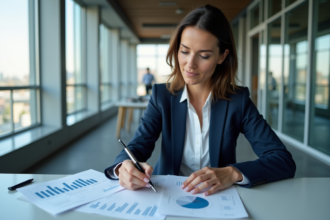 Femme d'affaires analysant des graphiques dans un bureau moderne