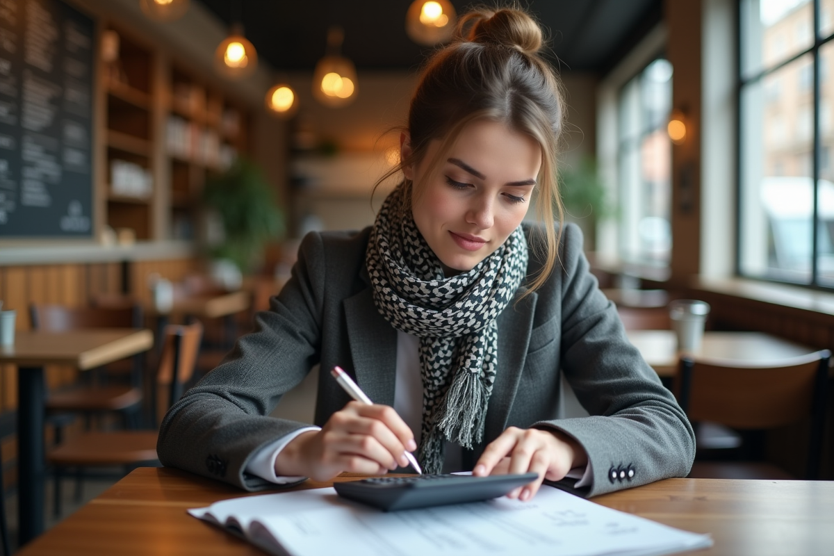 Jeune femme d affaires utilisant une calculatrice dans un café