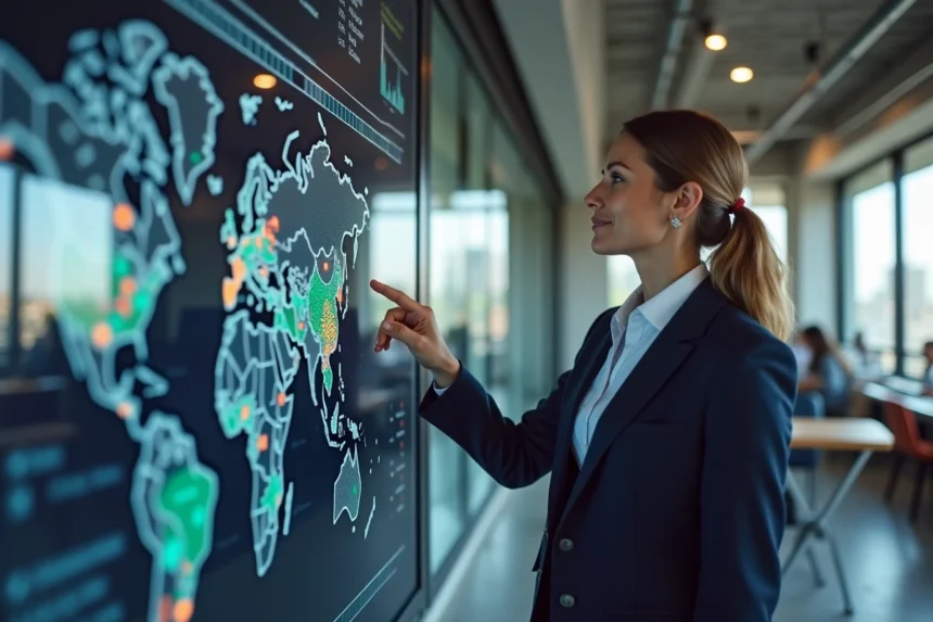 Femme d'affaires analysant une carte interactive de données territoriales sur un écran tactile dans un espace coworking moderne