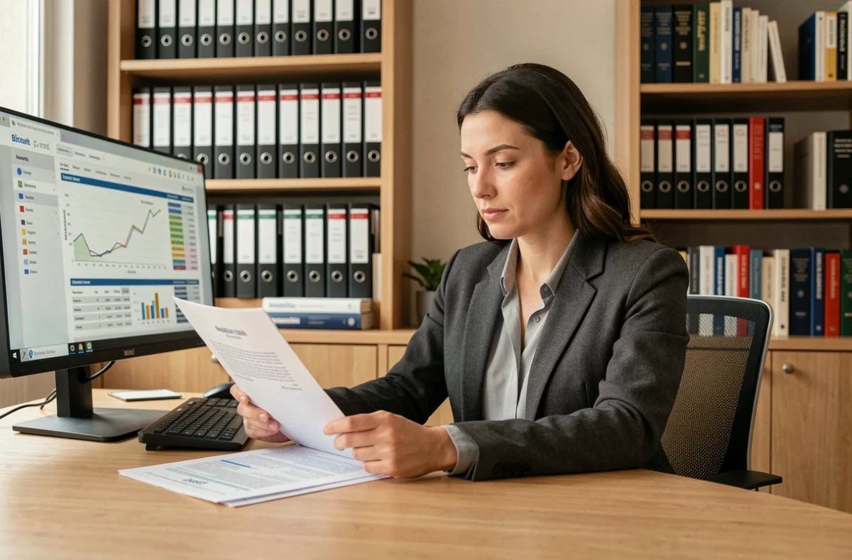 Femme d'affaires analysant des documents officiels d'entreprise dans un bureau privé professionnel