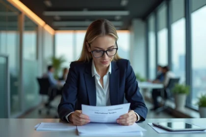 Femme d'affaires en costume navy examine des documents officiels
