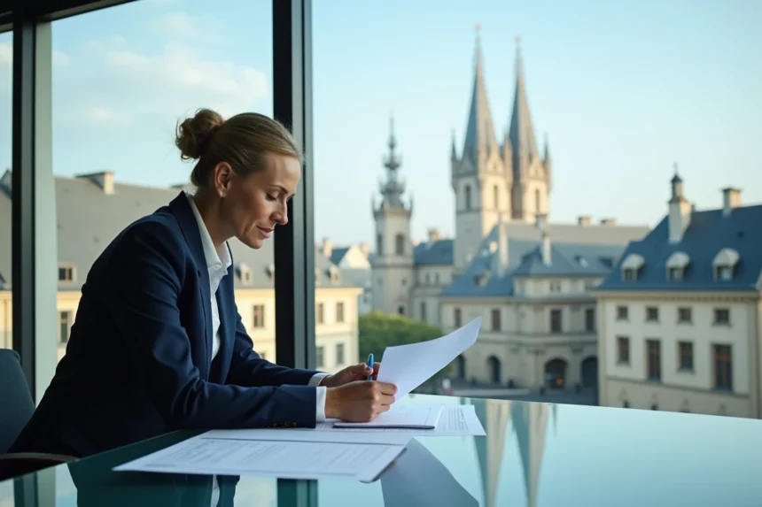 Femme d'affaires européenne analysant des documents commerciaux dans une salle de conférence avec vue sur une métropole, illustrant le rôle pivot de la zone EMEA dans le commerce mondial