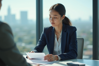 Femme d affaires en costume bleu examinant des documents environnementaux