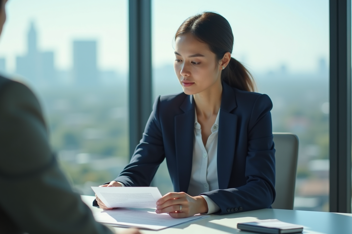 Femme d affaires en costume bleu examinant des documents environnementaux
