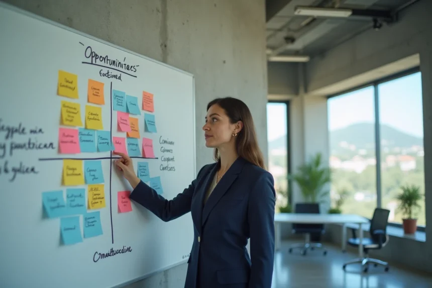 Professionnelle analysant une matrice SWOT sur un tableau blanc dans un bureau moderne