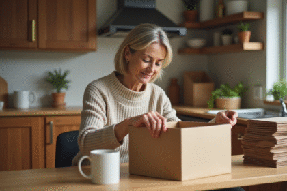 Femme assise à la cuisine assemble des cartons avec concentration