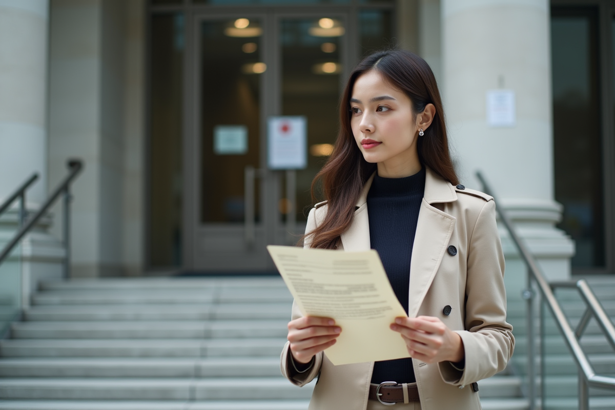 Jeune femme avec certificat devant bâtiment moderne