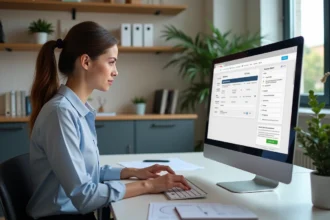 Femme en bureau consultat un site de formulaires publics