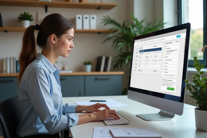 Femme en bureau consultat un site de formulaires publics