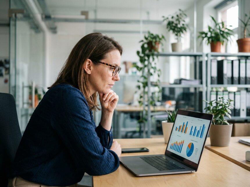 Femme en bureau moderne analysant des graphiques colorés