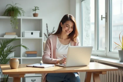 Femme souriante travaillant dans un bureau lumineux