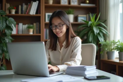 Jeune femme au bureau à domicile en blouse et lunettes