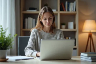 Femme concentrée dans son bureau à domicile moderne