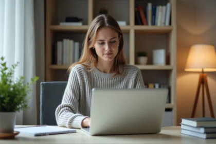 Femme concentrée dans son bureau à domicile moderne