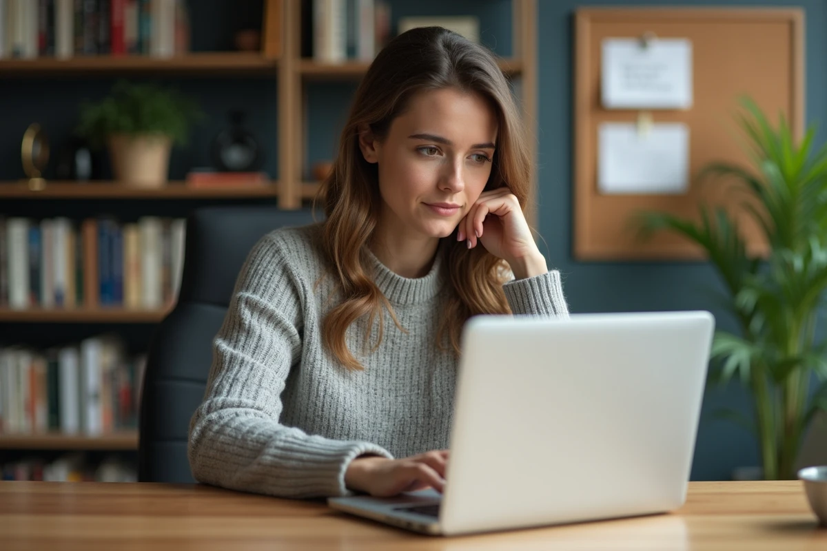 Femme détendue lisant une offre d'emploi sur son ordinateur dans un bureau moderne