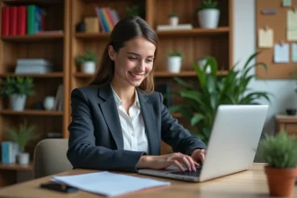 Jeune femme concentrée travaillant sur son ordinateur dans un bureau cosy